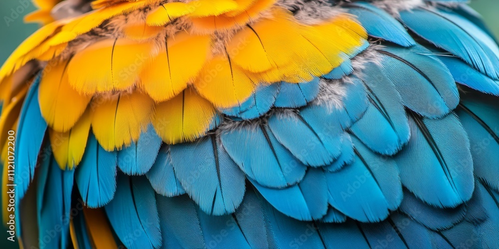 Close up view showcasing the vibrant feathers of a blue and gold macaw parrot, highlighting the intricate details and colors in the feathers of this stunning bird species. Close up view showcasing the vibrant feathers of a blue and gold macaw parrot, highlighting the intricate details and colors in the feathers of this stunning bird species.