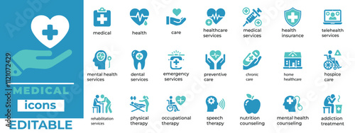 Comprehensive medical icon set for healthcare websites, apps, and presentations. Customizable, editable vector graphics for doctors, nurses, hospitals, and more