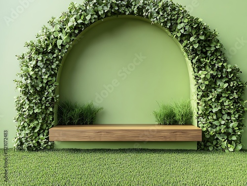 A visually striking 3D green wall with a gracefully arched opening and a wooden shelf, ideal for product display photo