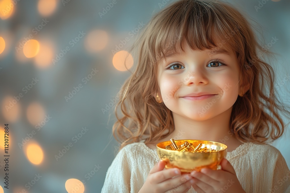 child holding golden frankincense container smiling gently against softly blurred background with copy space child holding golden frankincense container smiling gently against softly blurred background with copy space