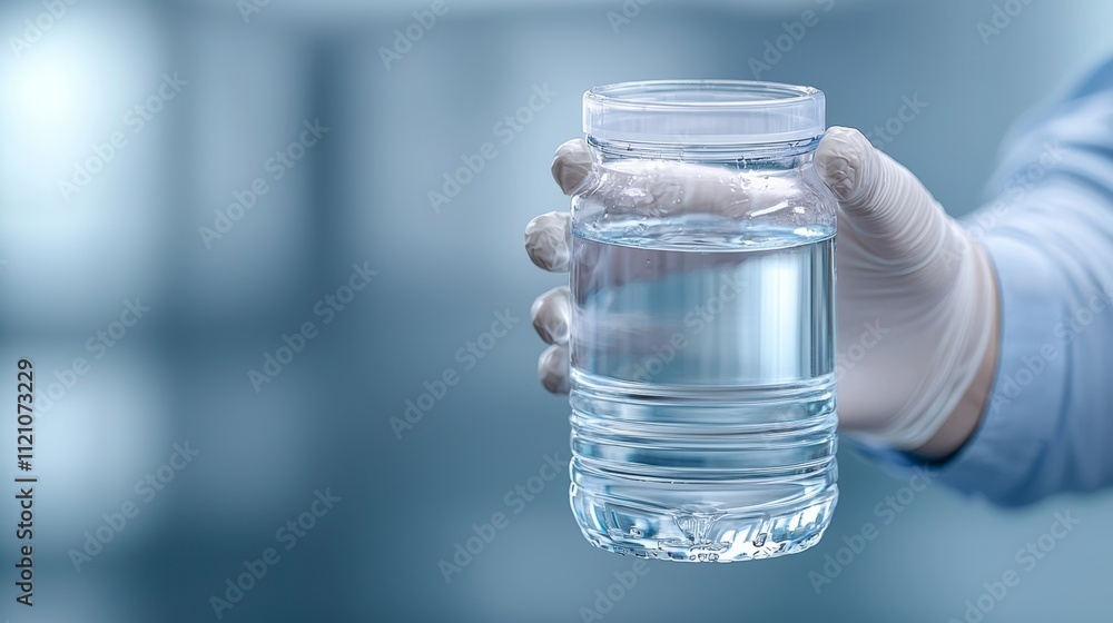 A person in a glove holds a clear glass jar filled with water against a soft-focus background. A person in a glove holds a clear glass jar filled with water against a soft-focus background.