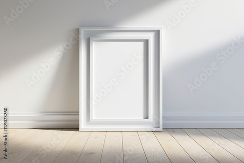A minimalist vertical white frame mockup displayed on a wooden floor with natural wood texture