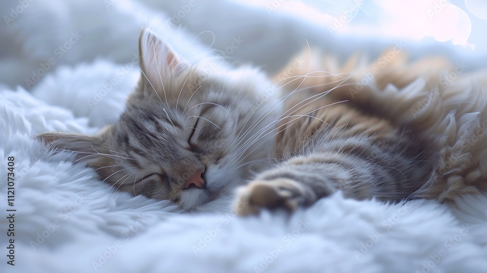 Obraz premium Sleepy cat curled up with soft fur on white.