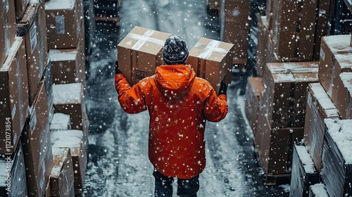 Warehouse worker moving boxes along a snow-covered path, showcasing outdoor logistics operations in cold weather, demonstrating the challenges faced in maintaining an efficient supply chain during win