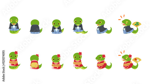 着物や袴を着た蛇。フラットなベクターイラストセット。
Snakes wearing hakama or kimono. Flat designed vector illustration set.