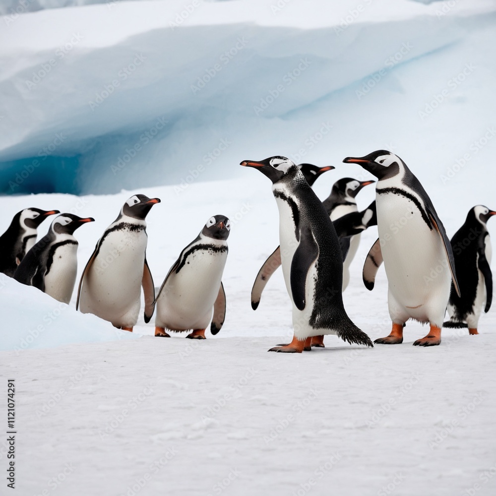 Obraz premium A colony of gentoo penguins play in the snow in Antarctica