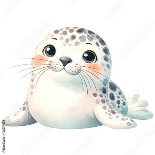 Cute Watercolor Seal Illustration with Spots. photo