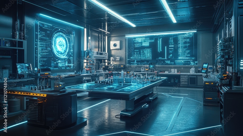 Futuristic laboratory interior with advanced technology and holographic displays. Futuristic laboratory interior with advanced technology and holographic displays.