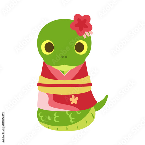 着物を着たとぐろを巻く蛇。フラットなベクターイラスト。
Coiled snake in a kimono. Flat vector illustration.