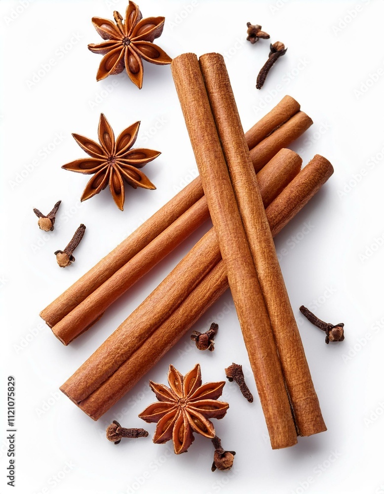 Set cinnamon sticks and star anise seeds isolated on white Set cinnamon sticks and star anise seeds isolated on white