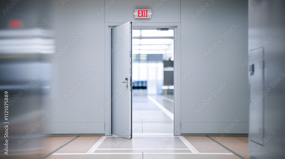 Open door with exit sign, symbolizing the freedom and opportunity to leave behind the past and embrace new beginnings, encouraging a sense of liberation and forward movement. Open door with exit sign, symbolizing the freedom and opportunity to leave behind the past and embrace new beginnings, encouraging a sense of liberation and forward movement.