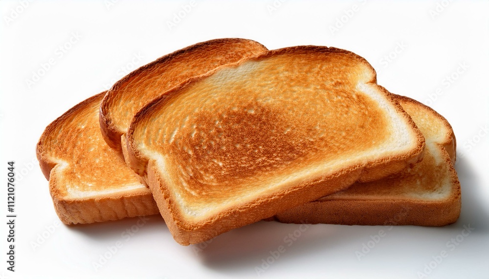 Slices of toasted bread isolated on a white background, showcasing their crispy texture and golden-brown appearance Slices of toasted bread isolated on a white background, showcasing their crispy texture and golden-brown appearance