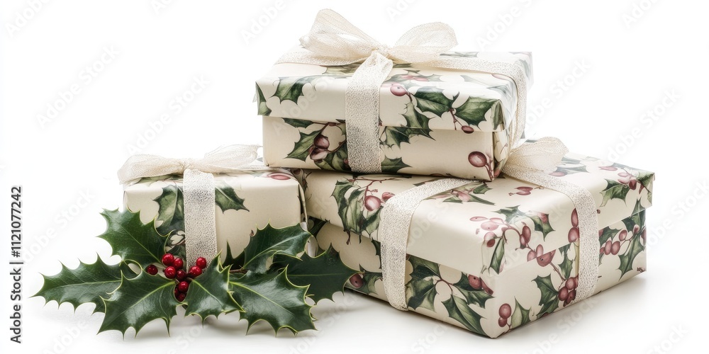Elegantly wrapped Christmas gift boxes with holly decorations for holiday celebration Elegantly wrapped Christmas gift boxes with holly decorations for holiday celebration
