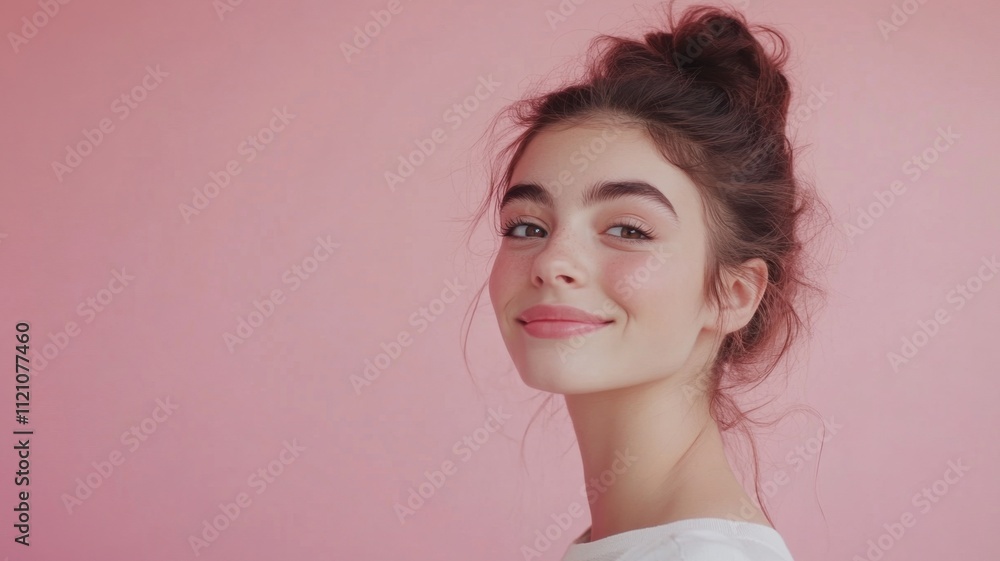 Happy young woman with short brown hair and white t shirt beams with happiness and positivity against a bright pink Happy young woman with short brown hair and white t shirt beams with happiness and positivity against a bright pink