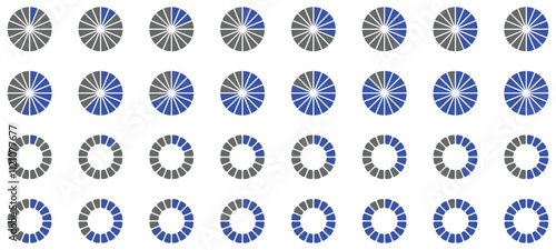 set of loading icons. load. load bar icons. Thin hollow circle segemented into 16 parts buffering or loading symbol set. Set of thin hollow circle divided into sixteen shades of blue colour 