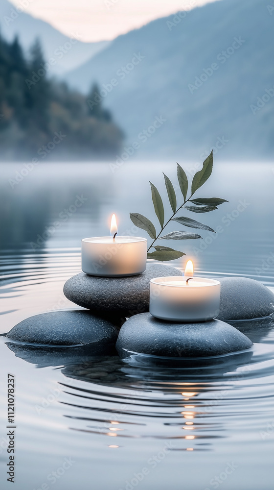 Obraz premium Lit candles placed on rocks at a riverbank, warm glow illuminating the surrounding area, gentle ripples in the water reflecting the light, soft natural colors creating a spiritual and meditative mood