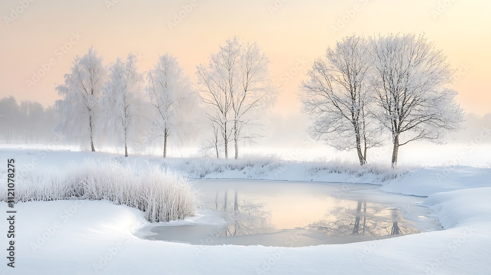 A peaceful winter scene with snow-covered trees, a frozen lake, and the soft light of a setting sun A peaceful winter scene with snow-covered trees, a frozen lake, and the soft light of a setting sun