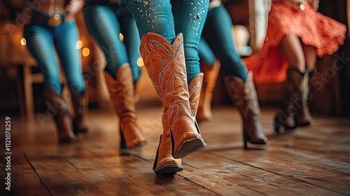 Women in cowboy boots dancing on the wooden floor, showcasing a fun and energetic dance session with country music, perfect for capturing the essence of western-themed events and country culture.