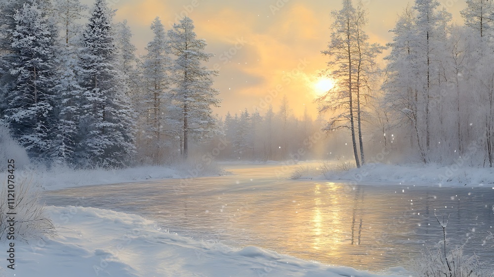 A peaceful winter scene with snow-covered trees, a frozen lake, and the soft light of a setting sun A peaceful winter scene with snow-covered trees, a frozen lake, and the soft light of a setting sun