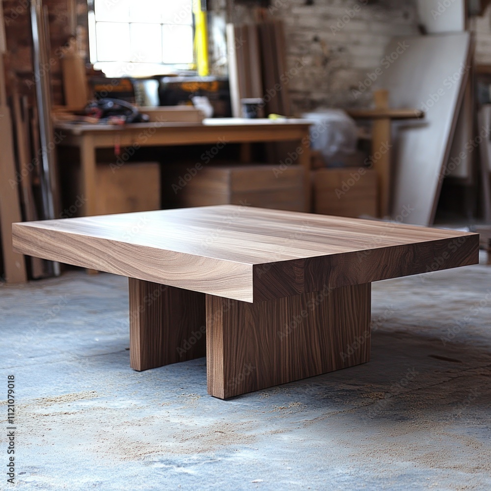 A modern wooden coffee table with a sleek design in a workshop setting. A modern wooden coffee table with a sleek design in a workshop setting.