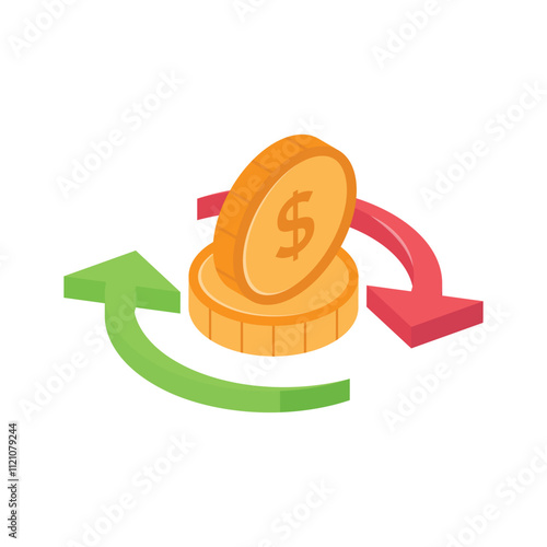 A currency exchange symbol with a coin and arrows