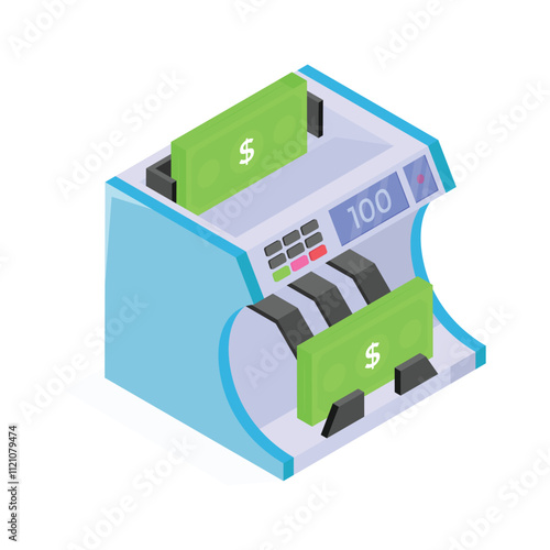 Isometric icon of a money counting machine processing and verifying currency bills accurately