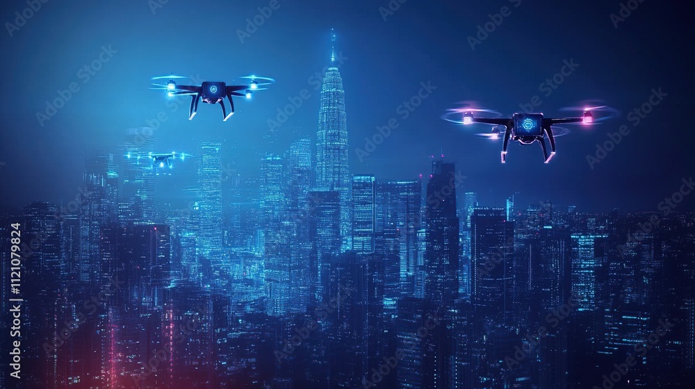 Two drones flying over a futuristic city skyline at night. Two drones flying over a futuristic city skyline at night.