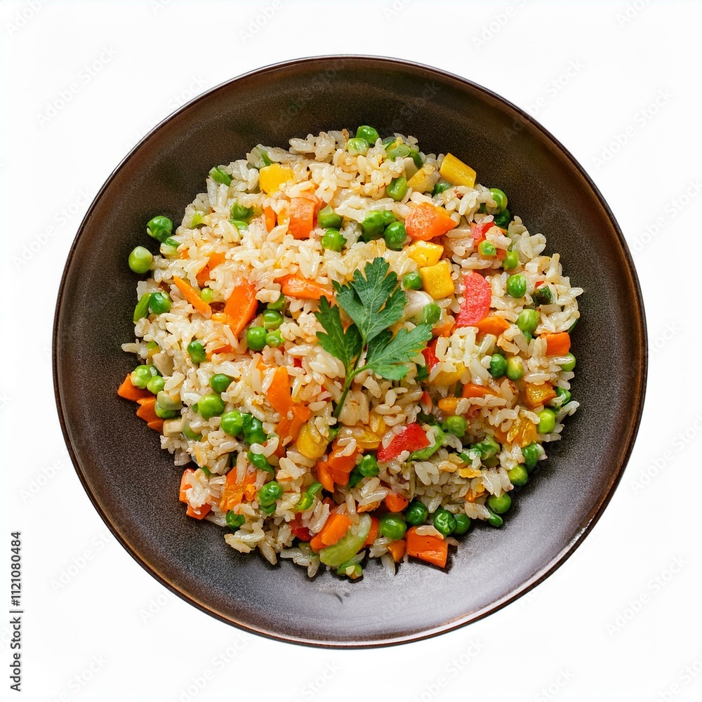 A healthy vegetable fried rice dish isolated on a white background, part of an Asian dinner meal, featuring colorful vegetables and a wholesome appeal A healthy vegetable fried rice dish isolated on a white background, part of an Asian dinner meal, featuring colorful vegetables and a wholesome appeal