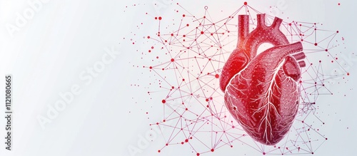 abstract illustration of heart with glowing dots on white background, healthcare technology concept