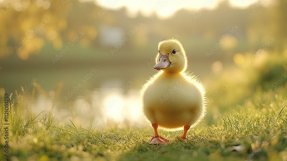 Cute fluffy duckling at sunset near lake. Cute fluffy duckling at sunset near lake.