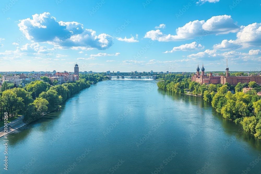 Obraz premium Stunning aerial view of a city's riverfront, showcasing lush greenery and architecture. Perfect for travel, tourism, and city landscape projects needing a vibrant summer feel.