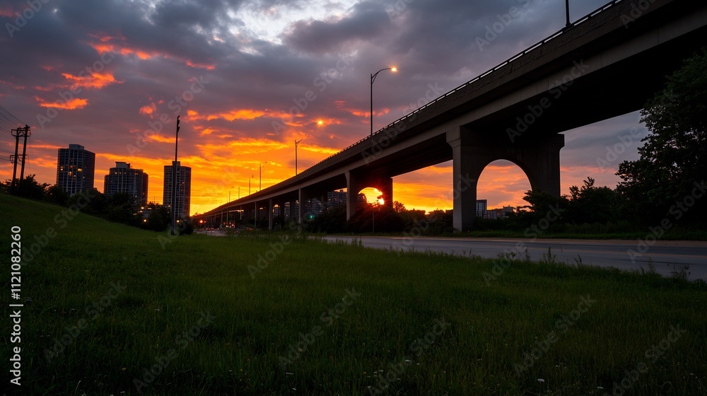 Majestic Sunset Over Cityscape Viewed From Underneath a Highway Overpass Majestic Sunset Over Cityscape Viewed From Underneath a Highway Overpass