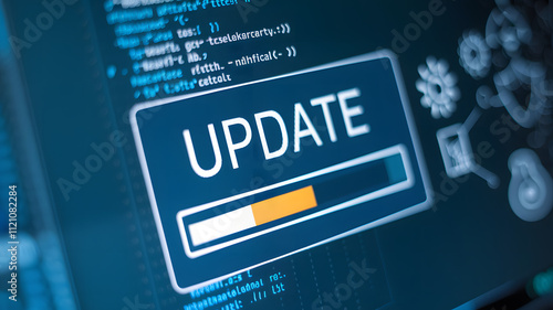 Close-up of computer screen showing software update notification with progress bar, blurred code and technical icons, symbolizing software maintenance and security.