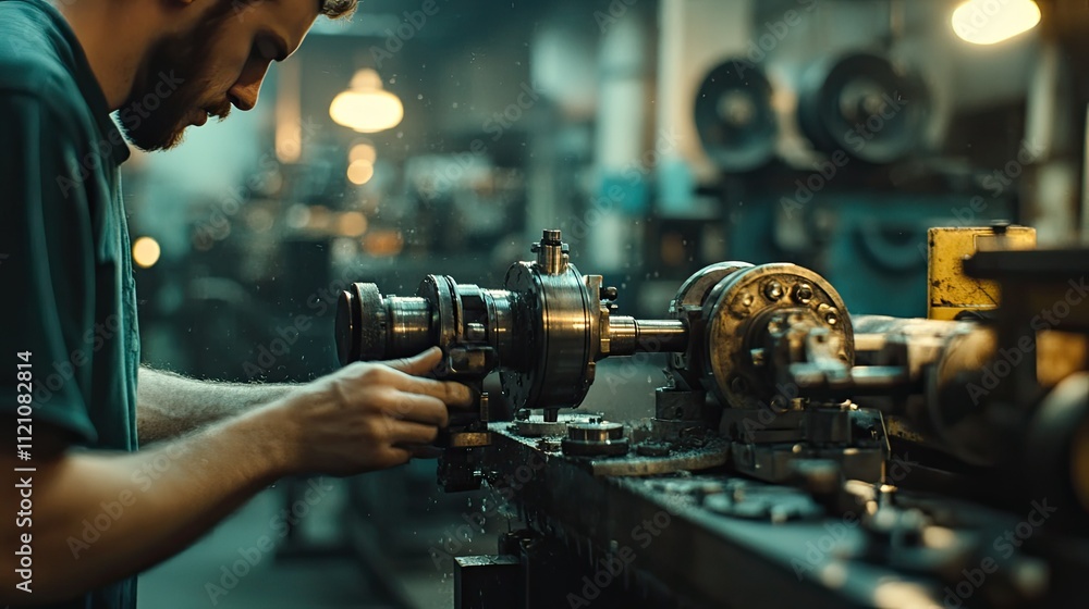 Focused male machinist meticulously working on a lathe in an industrial setting, sparks flying. Focused male machinist meticulously working on a lathe in an industrial setting, sparks flying.