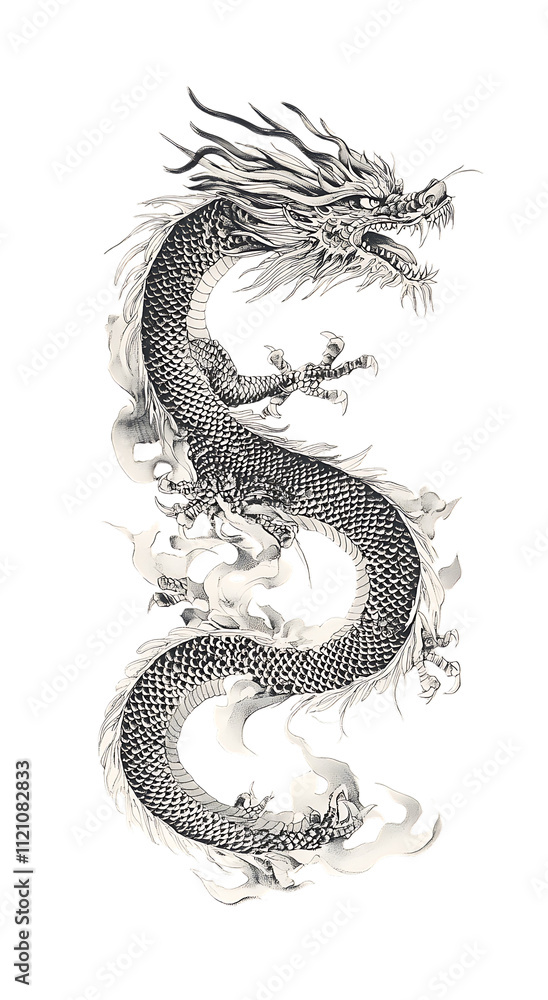 Fototapeta premium Gray scale Asian dragon illustration