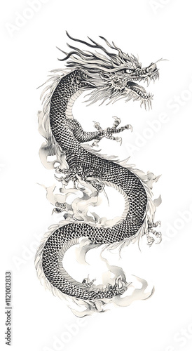 Gray scale Asian dragon illustration