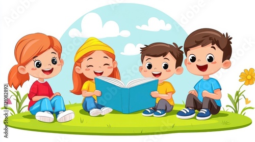 Children reading together in a park, bright and cheerful illustration.
