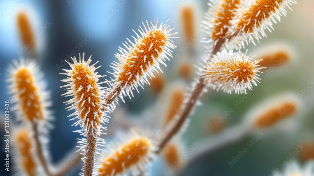 Frost-covered catkins nature scene macro photography winter environment close-up view botanical concept for seo impact Frost-covered catkins nature scene macro photography winter environment close-up view botanical concept for seo impact