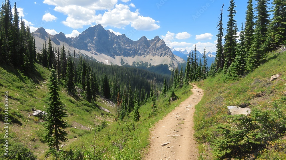 A rugged mountain trail leading through a dense pine forest, with glimpses of distant peaks A rugged mountain trail leading through a dense pine forest, with glimpses of distant peaks