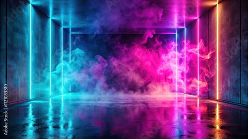 Neon abstract background with smoke, concrete, and reflection, neon, abstract, scene, background, smoke, concrete