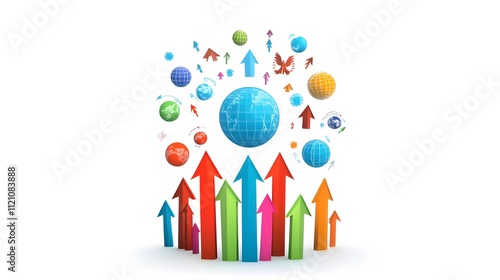 A creative grouping of upward-pointing arrows and globe icons, illustrating global expansion and growth. White background. No shadow