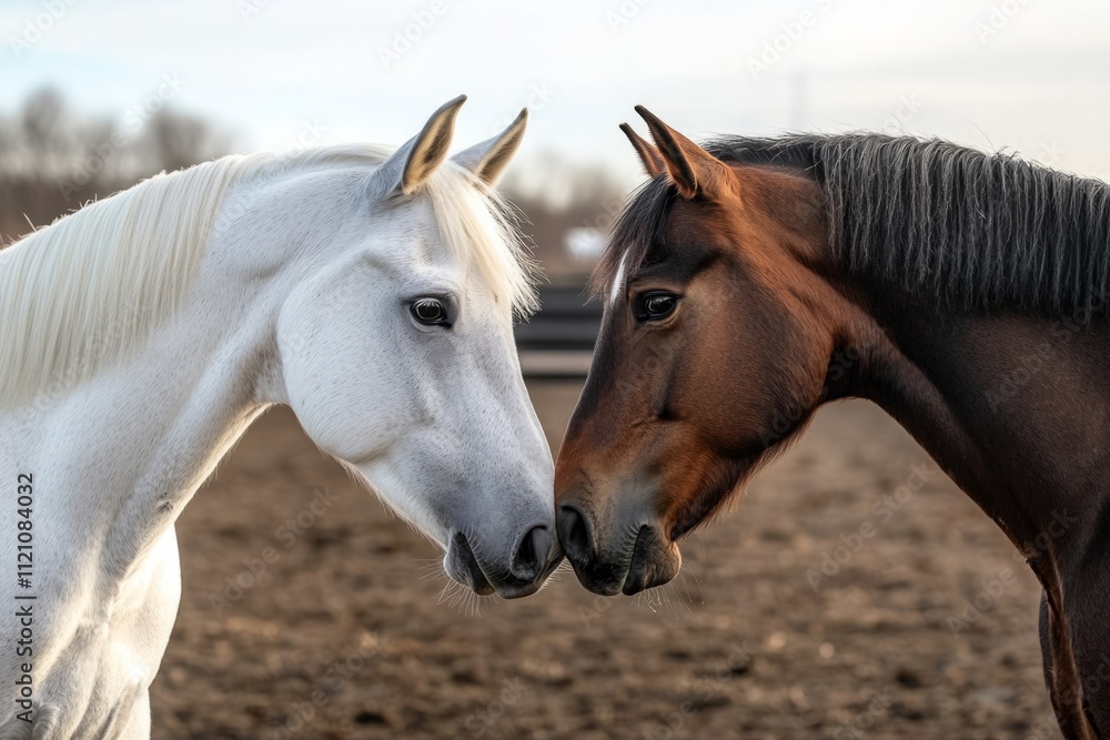 White and brown horses showing affection by touching noses White and brown horses showing affection by touching noses