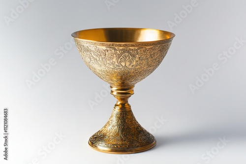 golden chalice with detailed engravings resting centrally on clean white background with copy space photo