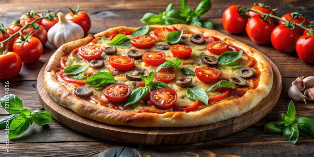 Delicious pizza with fresh tomatoes and mushrooms, pizza, tomatoes, mushrooms, cheese, Italian, food, traditional, vegetarian Delicious pizza with fresh tomatoes and mushrooms, pizza, tomatoes, mushrooms, cheese, Italian, food, traditional, vegetarian