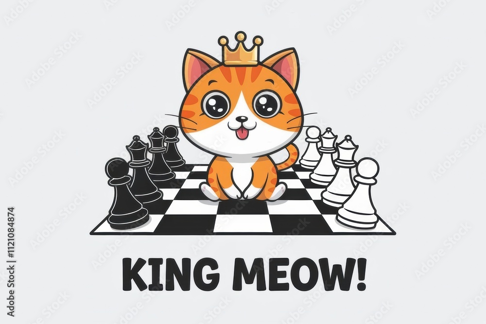 Cute Cartoon Cat Ruler on Chessboard with King's Crown Cute Cartoon Cat Ruler on Chessboard with King's Crown