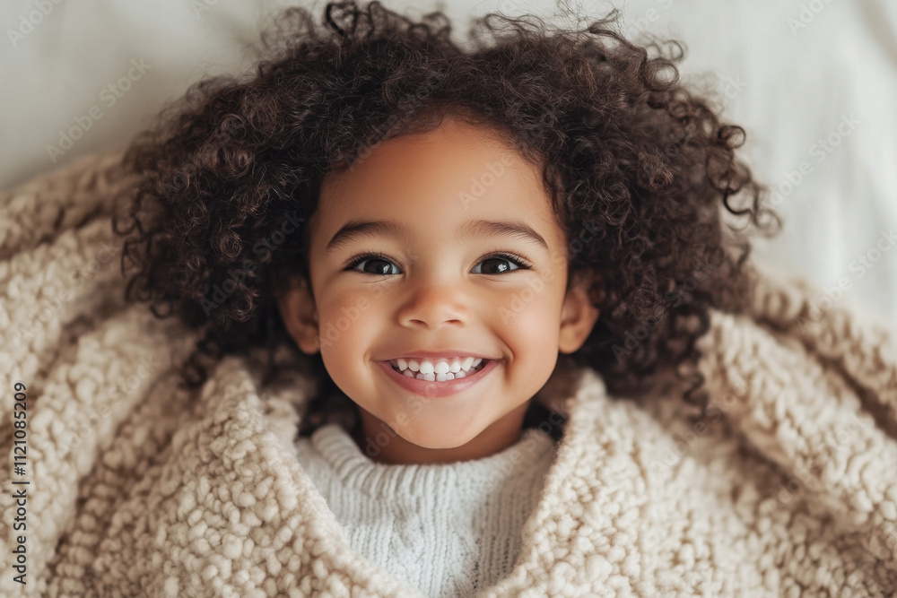 Smiling young girl with curly hair wrapped in a cozy blanket, showcasing joy and warmth with her bright expression. Smiling young girl with curly hair wrapped in a cozy blanket, showcasing joy and warmth with her bright expression.