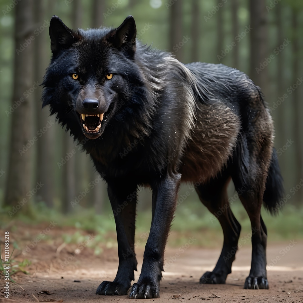 A black wolf with yellow eyes snarls, standing on a dirt path in a forest. A black wolf with yellow eyes snarls, standing on a dirt path in a forest.