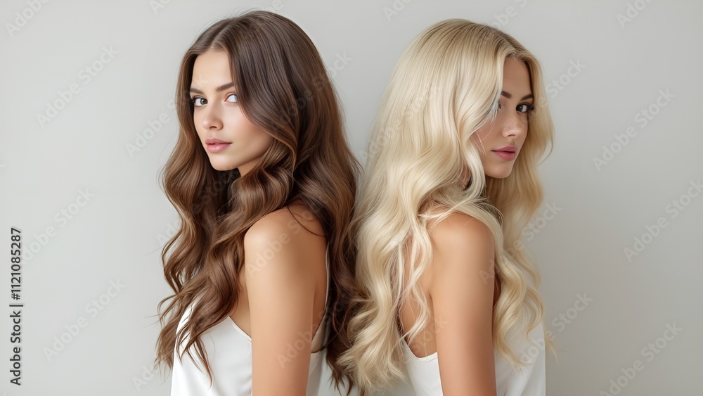 Two women stand back to back, displaying their long, wavy hair in contrasting shades of brown and blonde against a simple light-colored background Two women stand back to back, displaying their long, wavy hair in contrasting shades of brown and blonde against a simple light-colored background