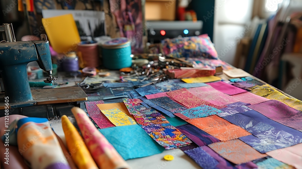 A close-up of a workspace filled with materials for a DIY project, including fabric swatches, a sewing machine, scissors, and buttons, ready for a creative arts and crafts session A close-up of a workspace filled with materials for a DIY project, including fabric swatches, a sewing machine, scissors, and buttons, ready for a creative arts and crafts session