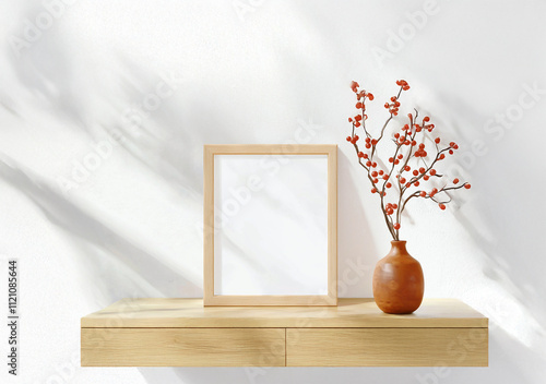 Light wood frame mockup on table, warm minimalist background